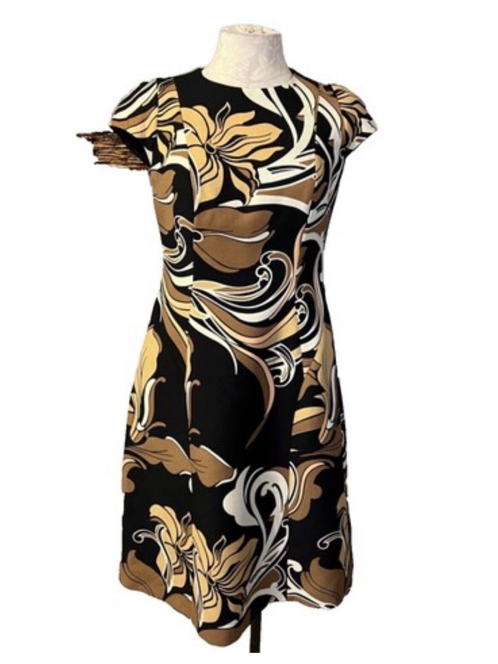 Escada Black, Gold & Cream Floral Mini Dress